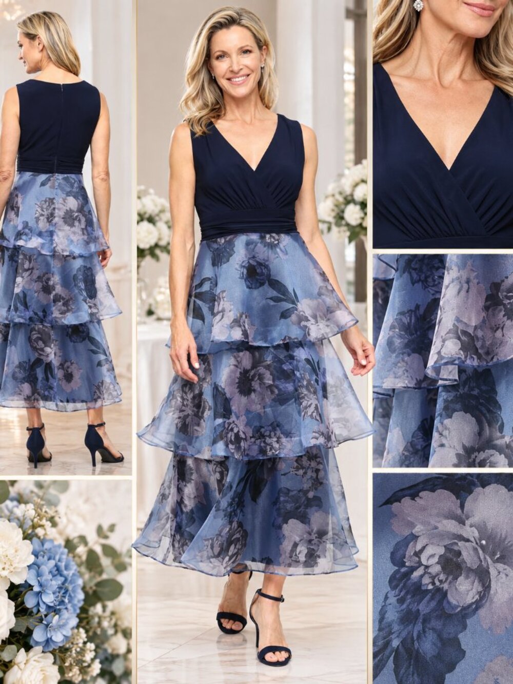 SL Fashions Navy Blue Floral Tiered Chiffon Midi Dress Size 10 NWT